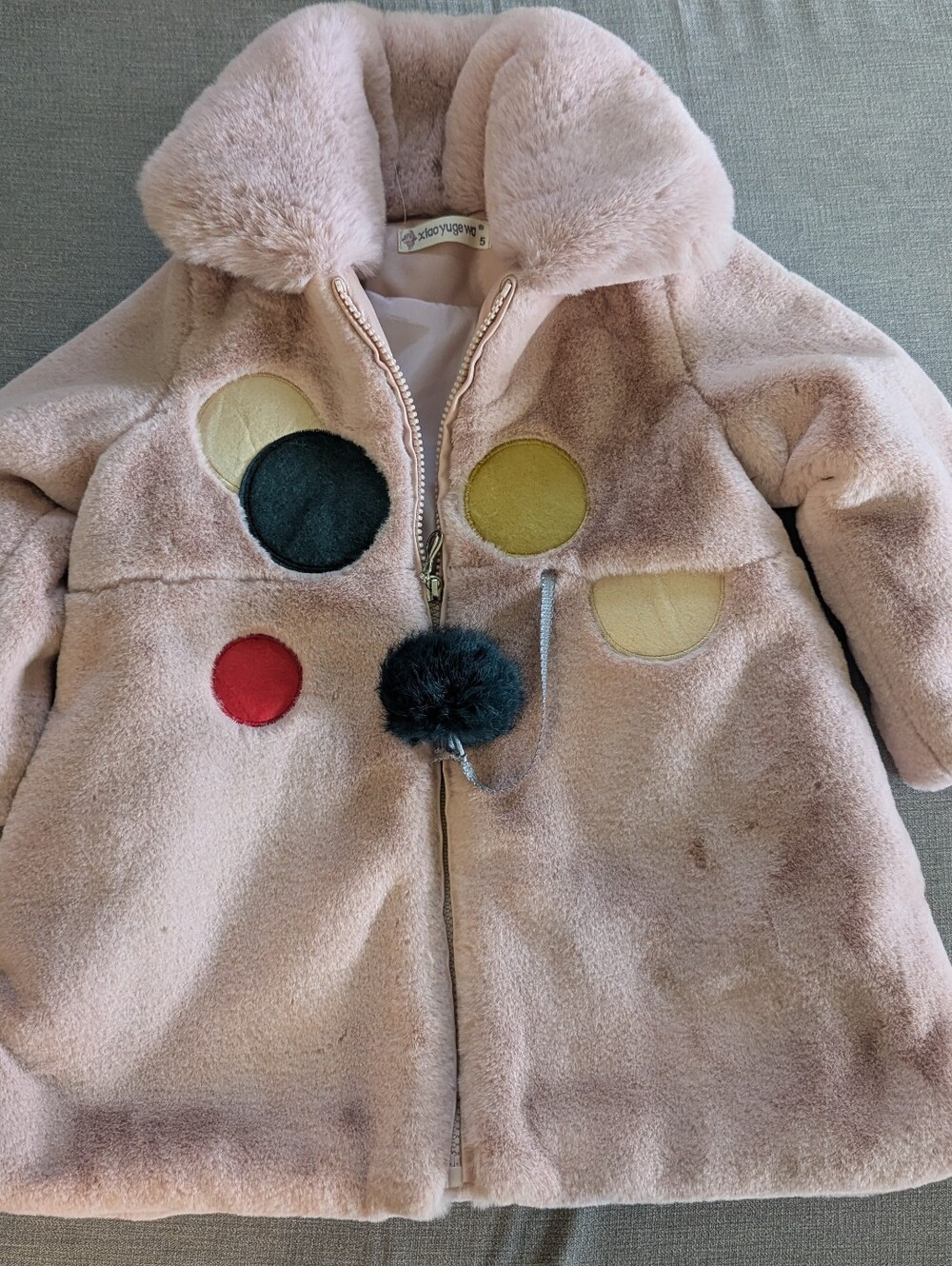 Girls Size 5- Plush Faux Fur Coat with Color Dot Accents
